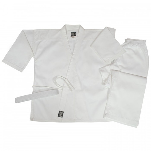 Super-middleweight white karate uniform with white belt.