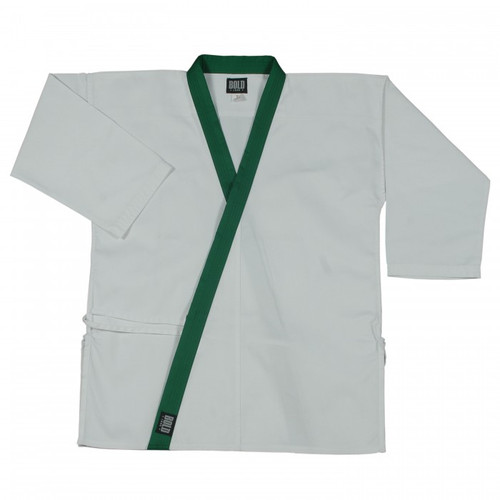 8.5 oz super-middleweight white karate jacket with forest green trim.