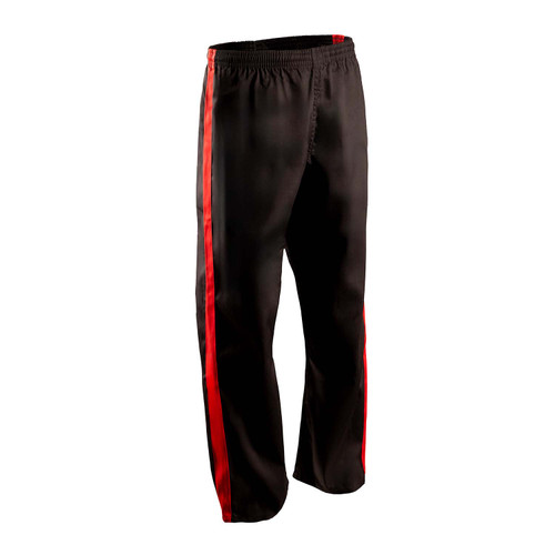 Middleweight black martial arts team pants with 2" red stripe.