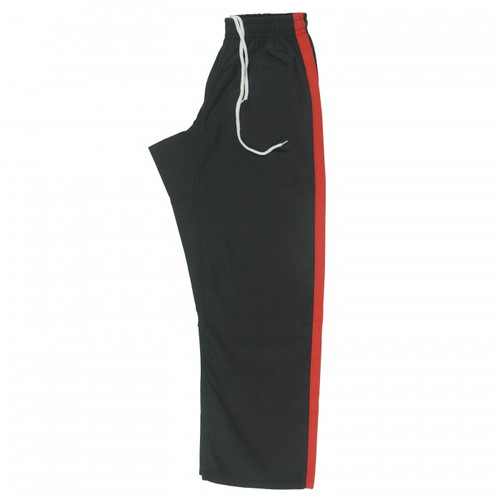 Middleweight black karate pants with 2" red stripe.