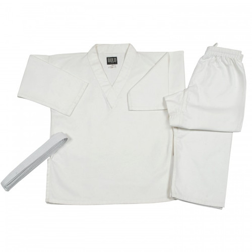 White 8.5 oz v-neck karate uniform with white belt.