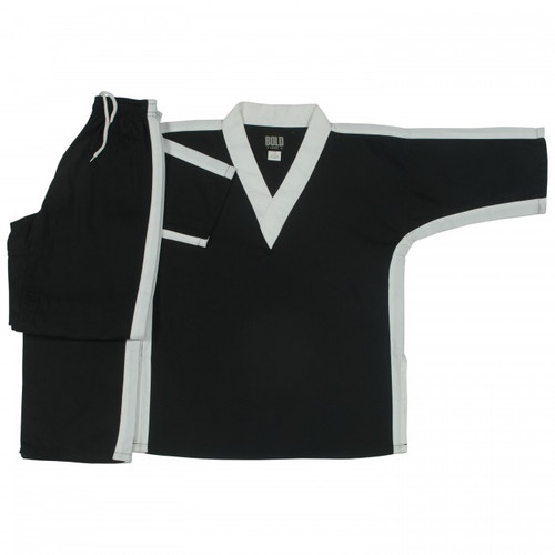 Martial arts team uniform in black with white trim.