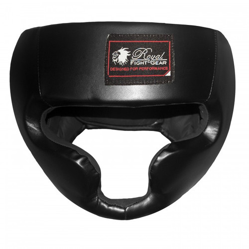MMA headgear in black imitation leather - front view.