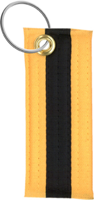 Yellow martial arts rank belt keychain with black stripe.