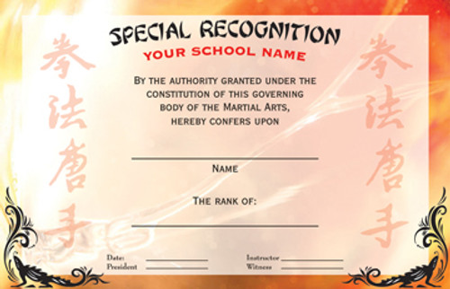 Martial arts Special Recognition Rank Certificate.