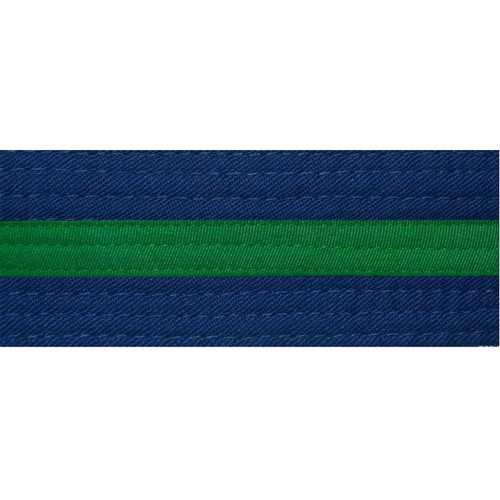 Blue karate belt with green stripe.