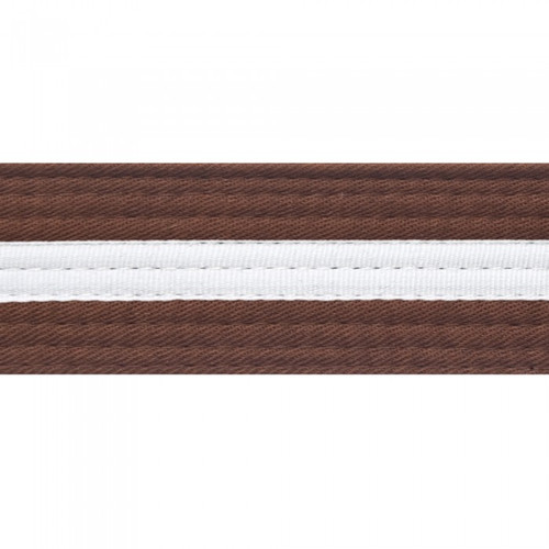 Brown karate belt with white stripe.