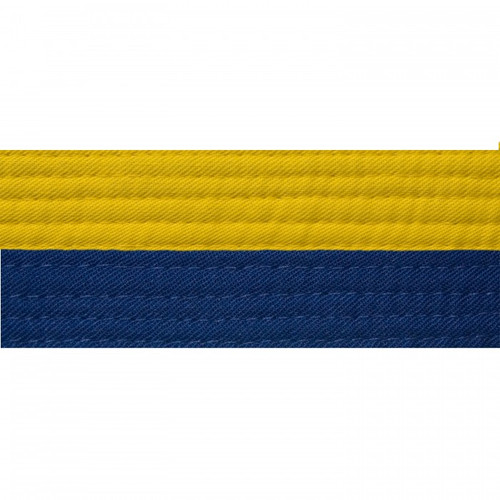Half yellow and half blue karate belt.