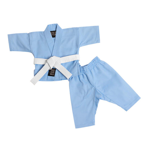 Light blue infant karate gi with white belt.