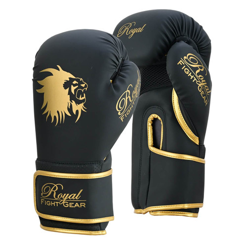 Synthetic leather boxing gloves in black and gold.