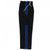 Black martial arts cargo pants with blue stripes.