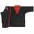 Black, v-neck, martial arts team uniform with red trim.