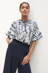 Sithonia Top Deep Blue And Ivory Leaf Print Silk Linen