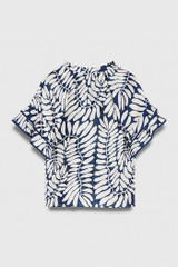 Sithonia Top Deep Blue And Ivory Leaf Print Silk Linen