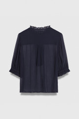 Short Sleeve Tierney Blouse Navy Crinkle Silk Georgette