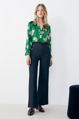 Rosaville Blouse Bright Green And Rose Pink Ikat Floral Print Silk Satin