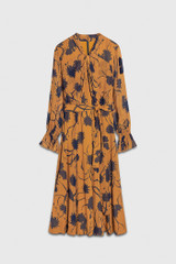 Carlton Dress Dark Mustard And Navy Ikat Floral Print Silk Georgette
