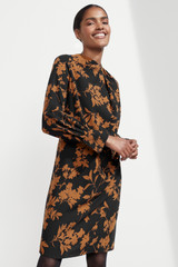 Lutana Dress Black And Toffee Floral Print Fine Wool