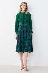 Lavinia Dress French Navy And Bright Green Ikat Floral Print Silk