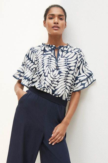 Sithonia Top Deep Blue And Ivory Leaf Print Silk Linen