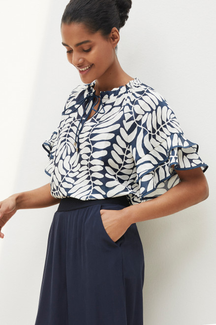 Sithonia Top Deep Blue And Ivory Leaf Print Silk Linen