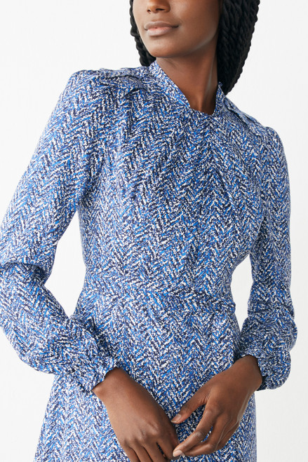 Haslemere Dress Blue Herringbone Print Twill