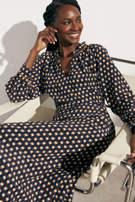 Aldbury Dress Navy Multicolour Ikat Geo Print Silk