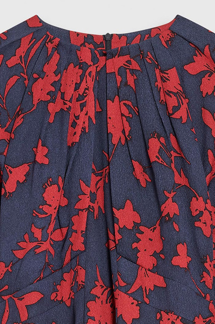 Arienzo Dress Navy And Red Floral Print Textured Silk
