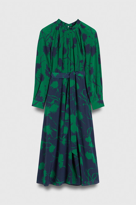 Lavinia Dress French Navy And Bright Green Ikat Floral Print Silk