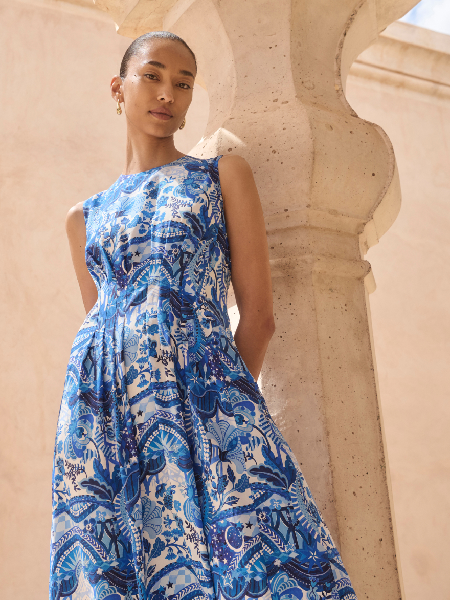 Model wearing blue multicolour Mariano dress
