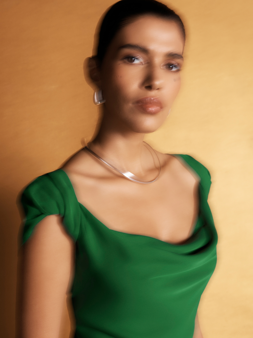 Model wearing Amorosi gown