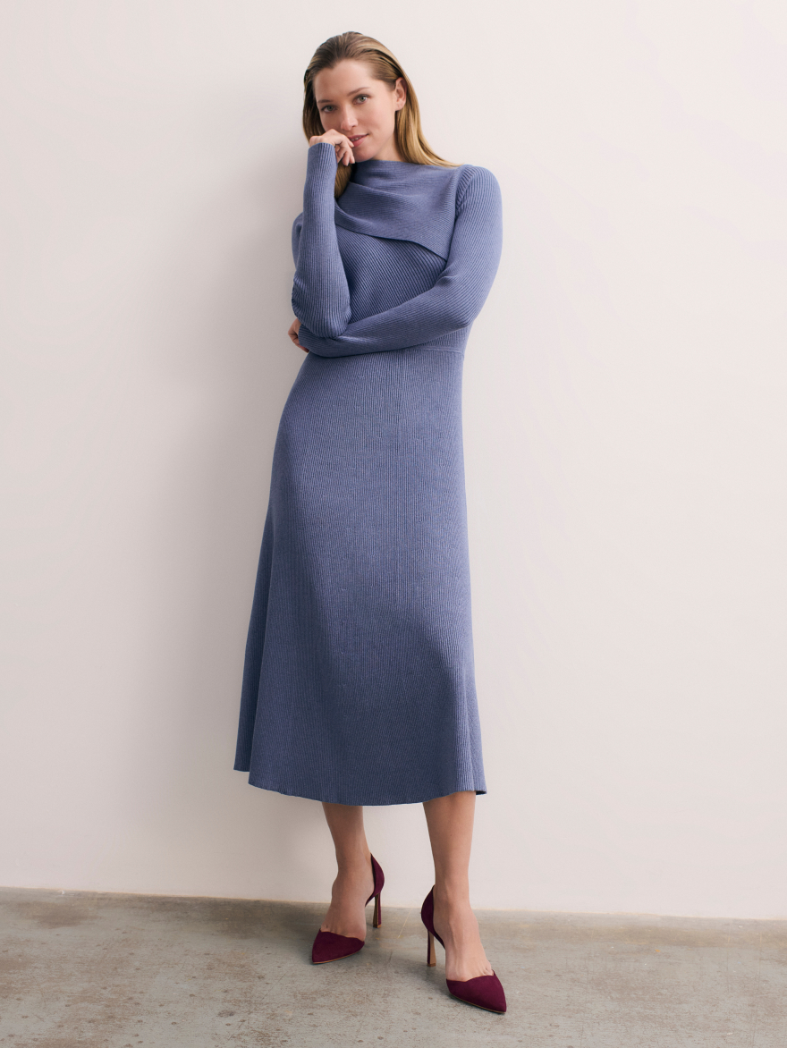 Model wearing Ferino blue dress