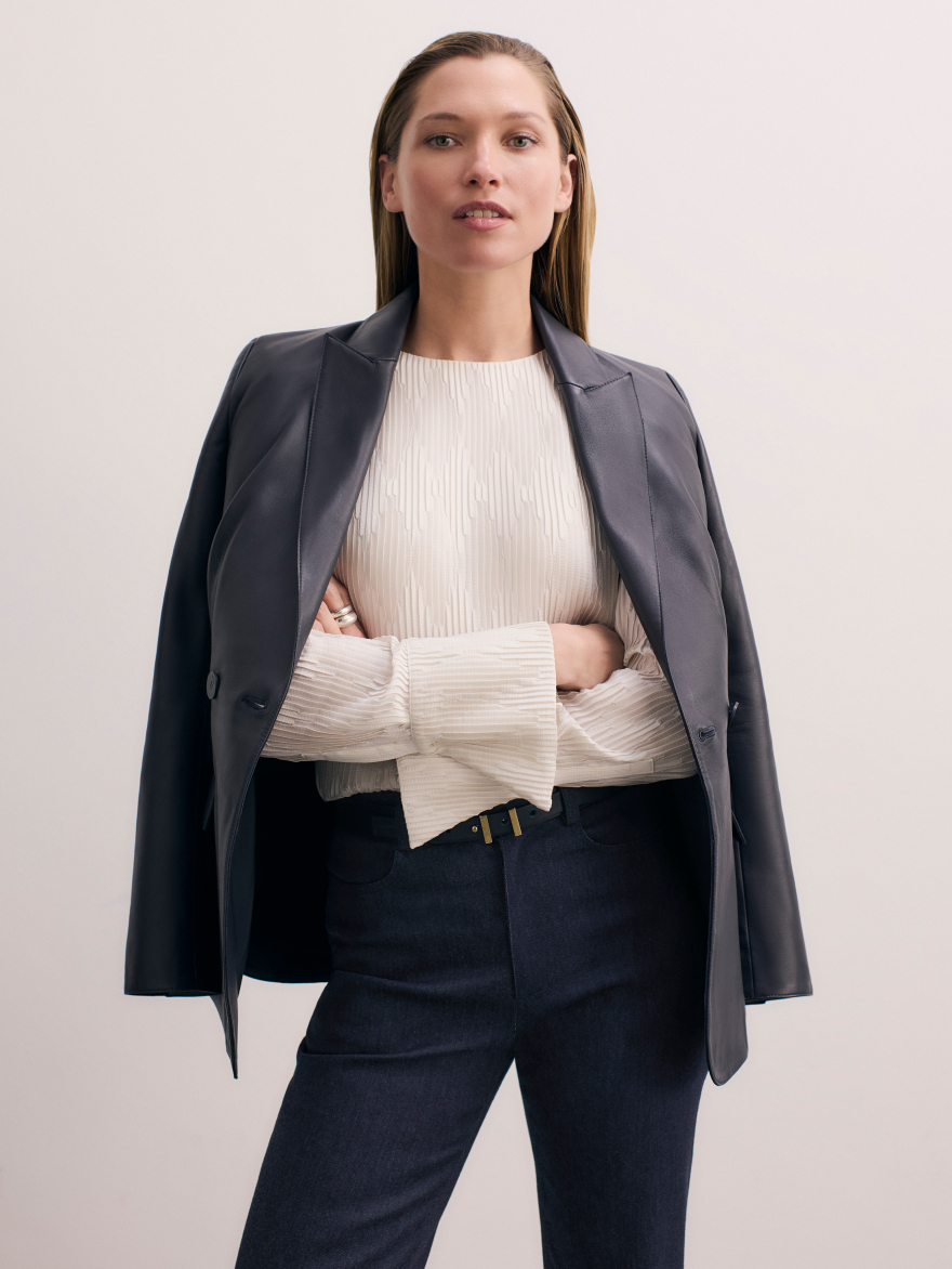 Model wearing navy Knighton leather