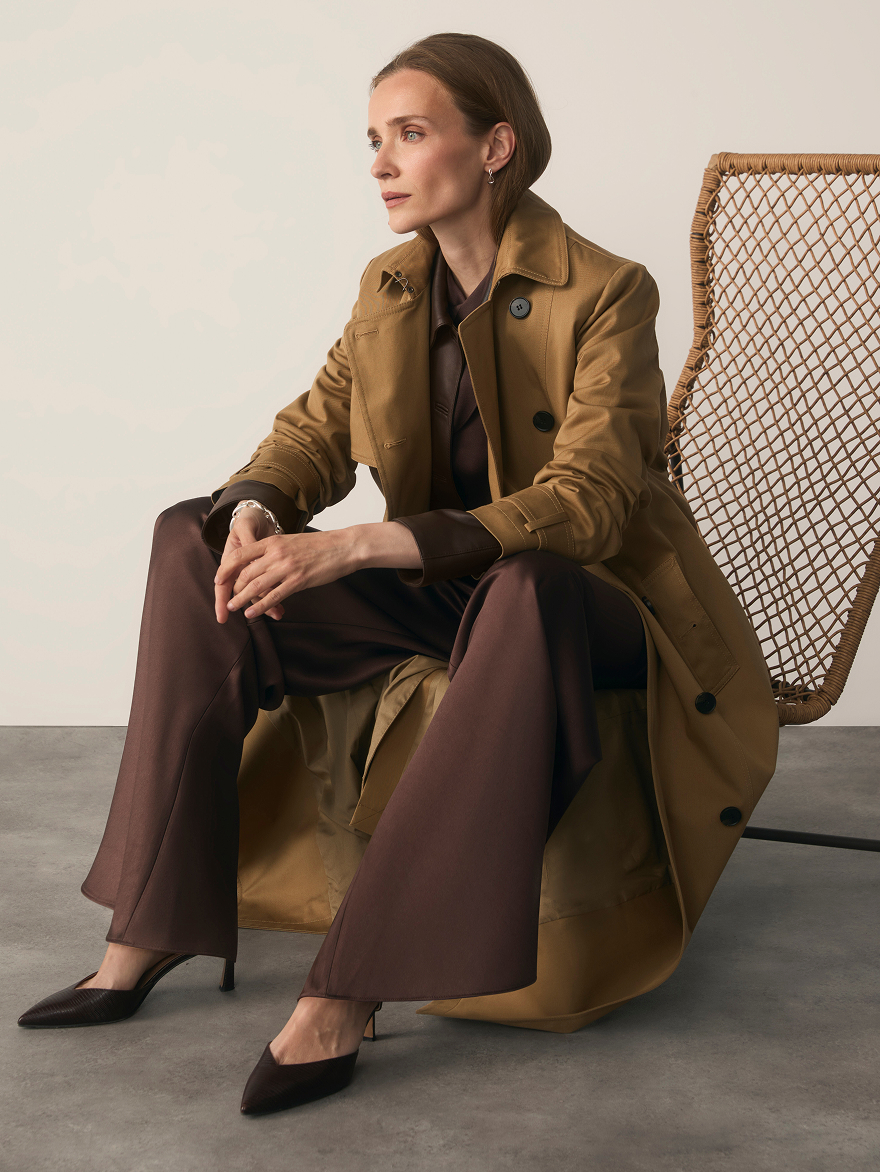 Hawthorne trench and chocolate satin trousers