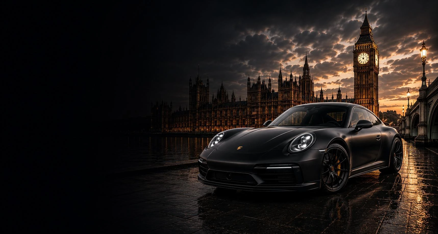 Black sports car wrapped in TeckWrap vinyl in front of the Houses of Parliament