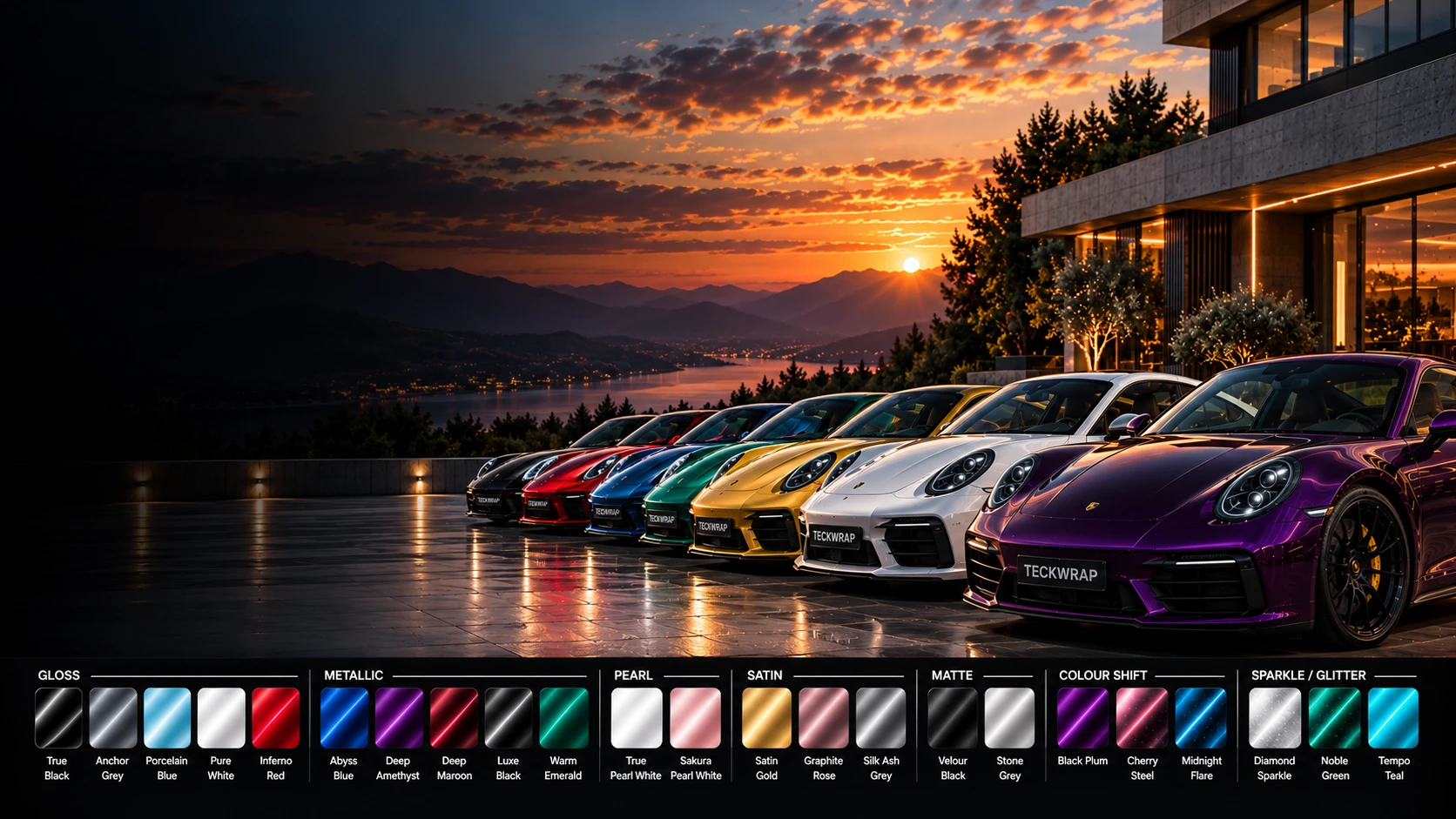 A line of sports cars wrapped in TeckWrap colour PPF at sunset, above swatches of the gloss, metallic, pearl, satin, matte, colour shift and sparkle finishes