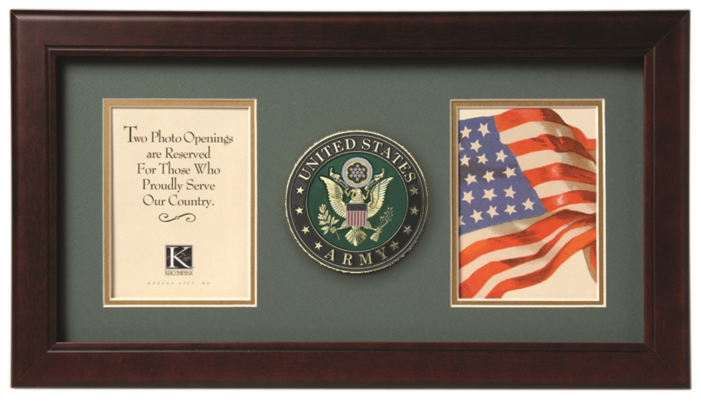 US Army Medallion Double Picture Frame - 8 x 16 Mahogany Stained Hardwood  Frame with Two 4 x 6 Photo Openings and Die Cast, Gold Plated Medallion