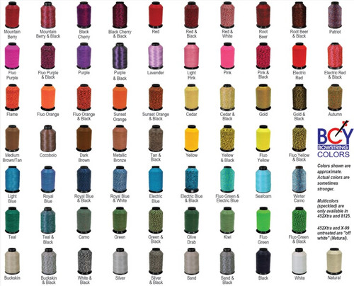 ***ONLY SOLID COLORS ARE AVAILABLE.*** BCY X99 Color Chart. Colors shown are approximate. Actual colors are 'stronger' than they appear. BCY X untreated is 'off white'. 