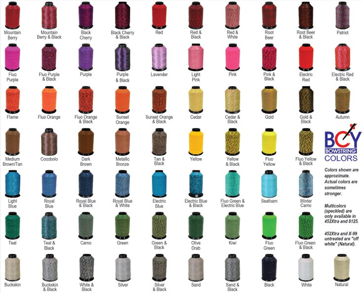 ***ONLY SOLID COLORS ARE AVAILABLE.*** BCY X99 Color Chart. Colors shown are approximate. Actual colors are 'stronger' than they appear. BCY X untreated is 'off white'. 
