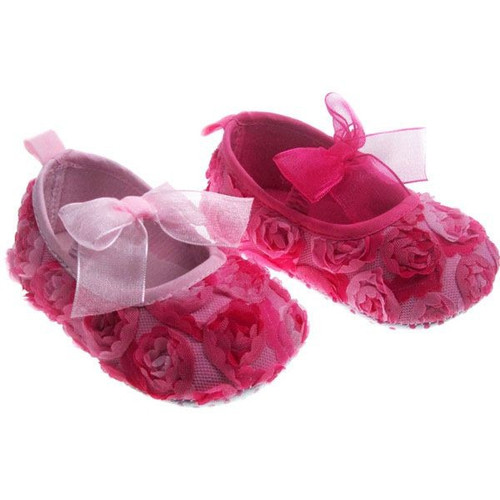 Double Colour Rose Flower Shoes With Organza Bow On Elastic Strap  by Soft Touch (Assorted Designs)