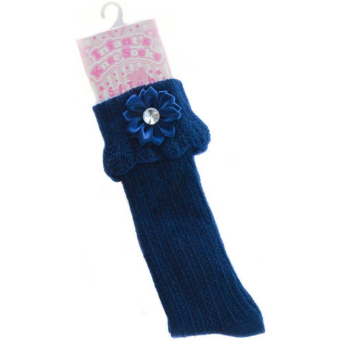 Navy Ribbed Knee Length Socks with satin Flower & Diamonte  by Soft Touch