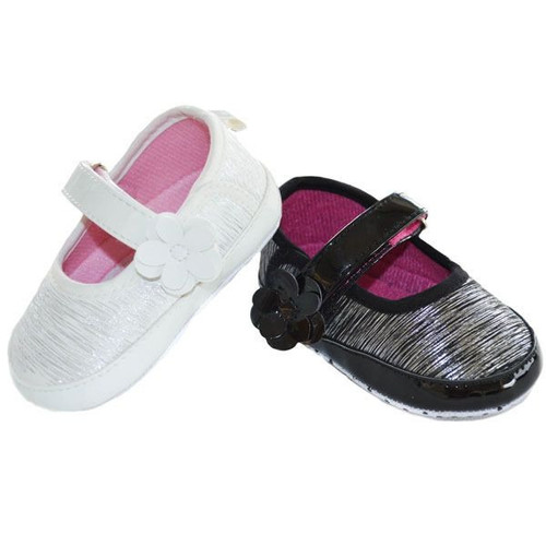 Soft Touch Shiny Striped Pu Shoes With Velcro Strap And Flower (Assorted Designs)