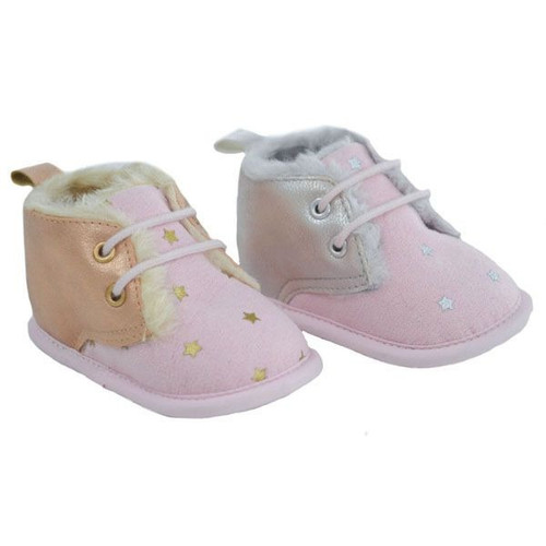 Soft Touch Pink Suede Trainers With Star Print, Glitter Pu And Fur Lining (NB-12 Months) (Assorted Designs)