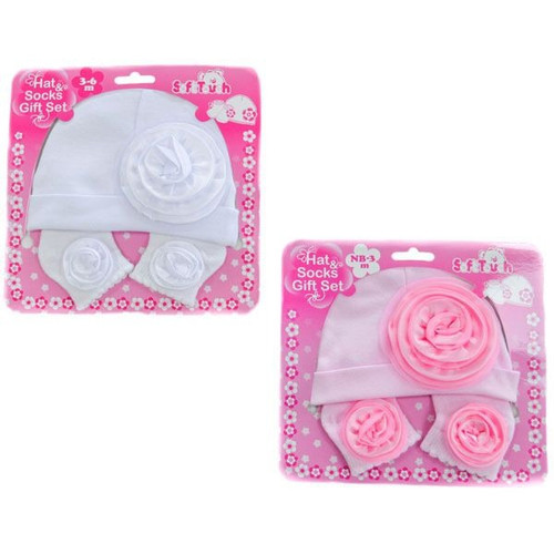 Soft Touch Hat And Sock Set With Flower (NB-6 Months)