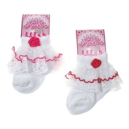 Soft Touch Deluxe Cotton Socks with Double Lace and Fuschia Rose (0 - 12 Months)