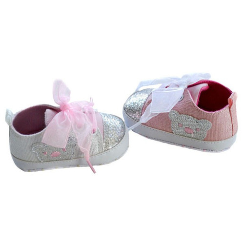 Soft Touch Shiny Trainers With Organza Shoe Lace & Glitter Bear Applique (6 - 18 Months) (Assorted Designs)