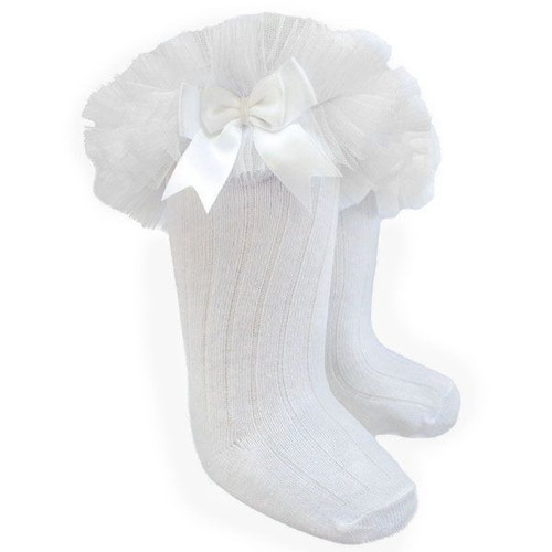 White Soft Touch Children\'s Ribbed Knee-length Socks With Organza Lace And Bow (18 Months - 6 Years)