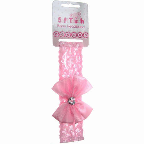 Infants Pink Headband with Lace, Flower & Diamonte by Soft Touch