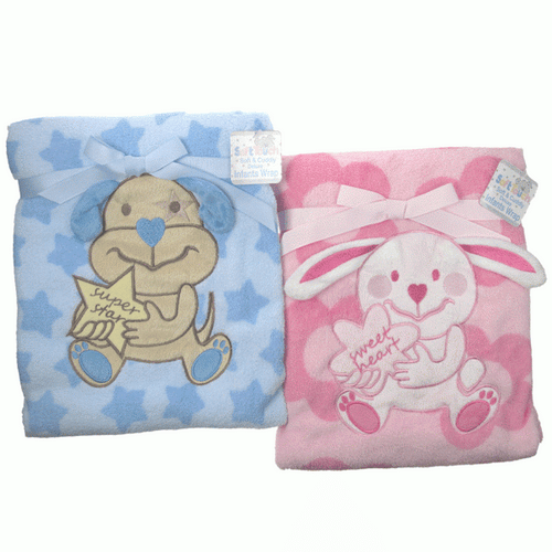 Cute Puppy & Bunny Micro Plush Wrap with Embroidery by Soft Touch