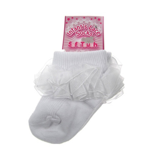 Soft Touch Plain White Socks with Organza Lace (0-12 Months)